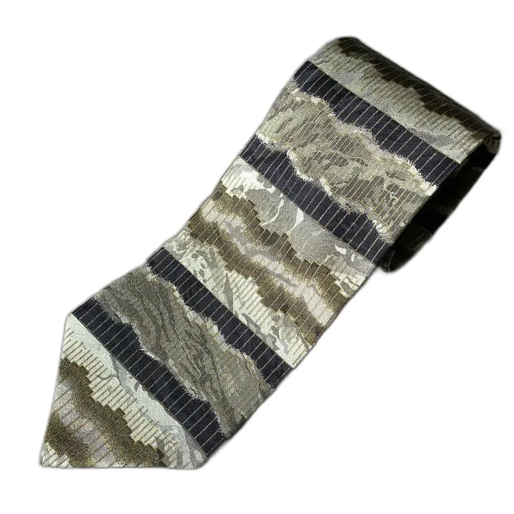 J. Ferrar Men's Necktie Silk Green Olive Artsy Abstract Satin Made in USA 56 x 4